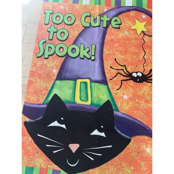 Vintage Outdoor Porch Flag Happy Halloween Black Cat Witch Hat & Spider JL - Picture 2 of 10